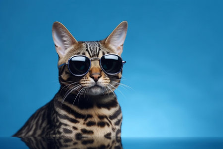 Cute bengal cat in sunglasses isolated on blue background.の素材