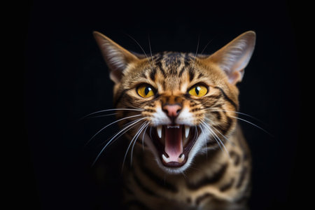Portrait of a bengal cat on a black background.の素材