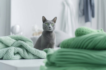 Beautiful Russian blue cat with knitted plaid on table in roomの素材