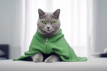 Russian blue cat wrapped in a green blanket, sitting on the table at homeの素材