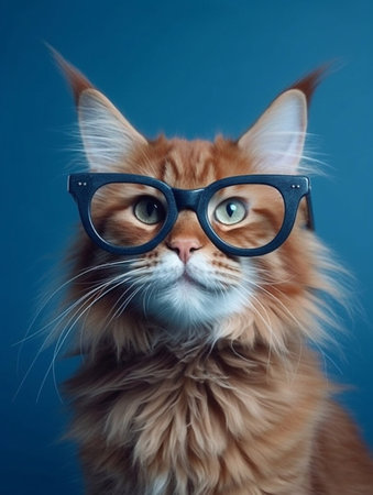 ginger Maine coon cat wearing eyeglasses on blue backgroundの素材