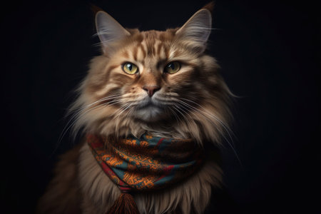 Portrait of a Maine Coon cat wearing a scarf on black backgroundの素材