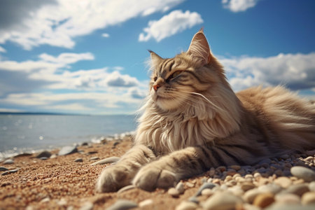 beautiful Maine Coon cat relax on the beach near the seaの素材