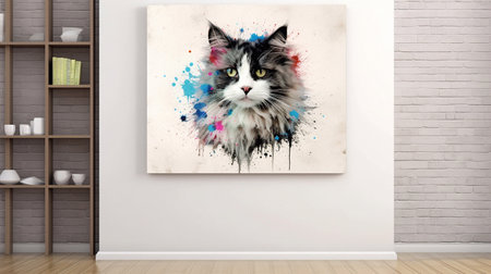 Funny cat with colorful paint splashes on white wall in roomの素材
