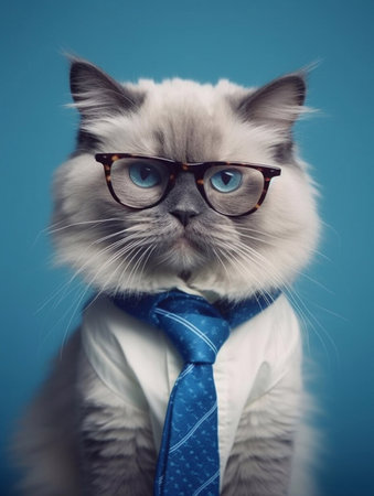 Portrait of a cat wearing glasses and a tie on a blue backgroundの素材