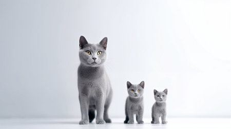 Three gray british shorthair cats standing on white background.の素材