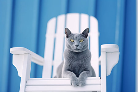 Portrait of a blue cat sitting on a white chair. Blue background.の素材