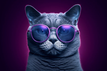 Portrait of a cat wearing sunglasses. Isolated on purple background.の素材
