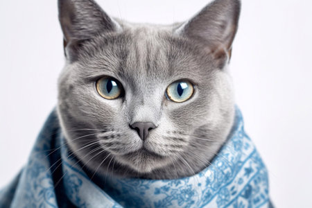 Portrait of a blue british cat wearing a blue scarfの素材