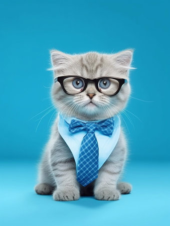 Funny kitten in glasses and a tie on a blue background.の素材