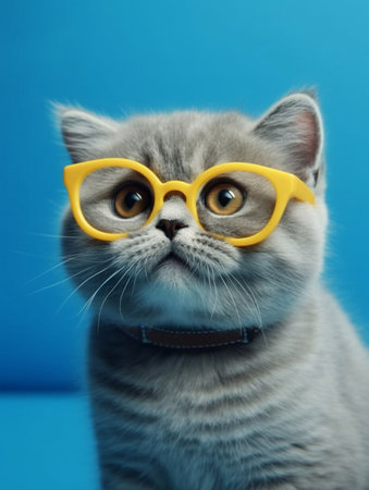 Portrait of a british cat with yellow glasses on blue backgroundの素材