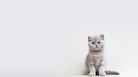 Scottish fold cat sitting in front of white wall with copy spaceの素材
