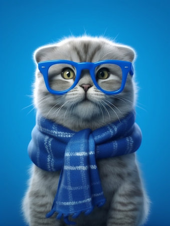 Funny scottish fold cat wearing blue glasses and scarf. Isolated on blue background.の素材