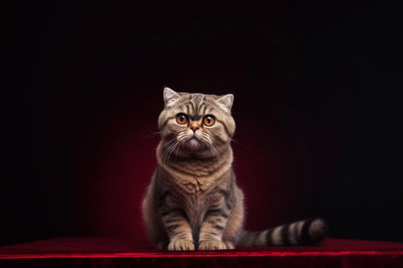 Studio shot of a beautiful scottish fold cat on dark backgroundの素材