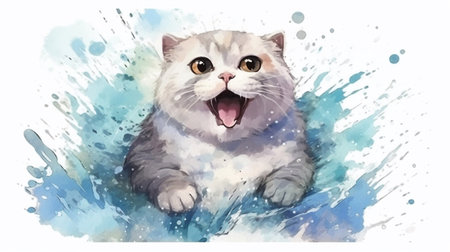 Cute cat on watercolor background. Watercolor painting. Vector illustration.の素材