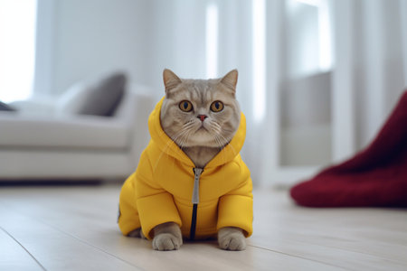 Cute scottish fold cat in yellow raincoat sitting on the floor at homeの素材