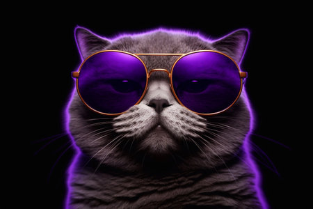 Portrait of a beautiful cat with purple glasses on a black background.の素材