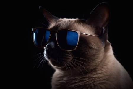 Siamese cat wearing sunglasses on a black background. Studio shot.の素材