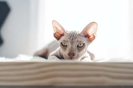 Sphynx cat lying on the bed and looking at cameraの素材