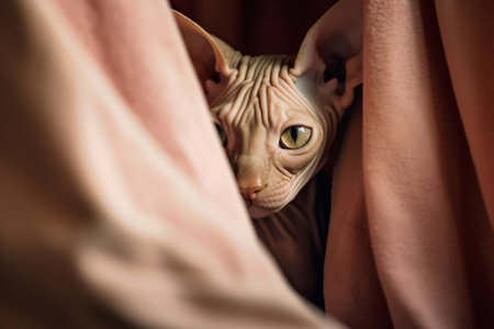 Close-up of a Sphynx cat hiding under a blanketの素材