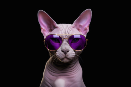 Portrait of a Sphynx cat wearing sunglasses on black backgroundの素材