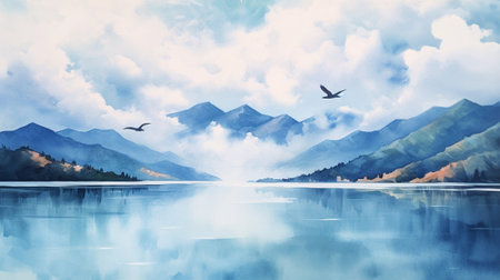 Landscape with lake, mountains and birds. Digital painting illustration.の素材