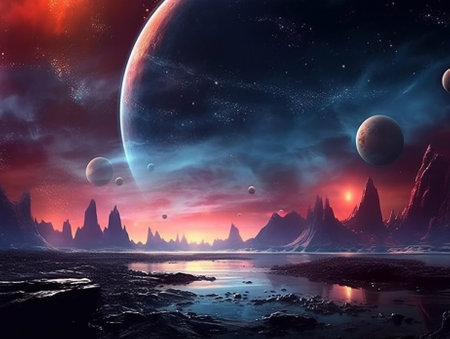Fantasy alien planet. Mountain and lake. 3D illustration.の素材