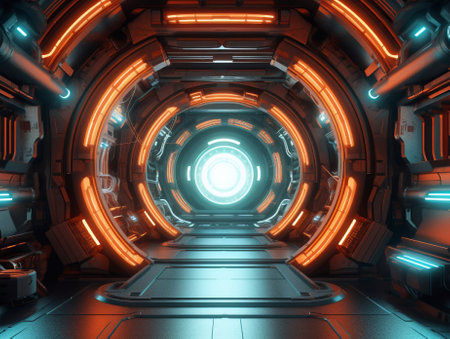 3d rendering of abstract scifi tunnel corridor with glowing neon lightsの素材
