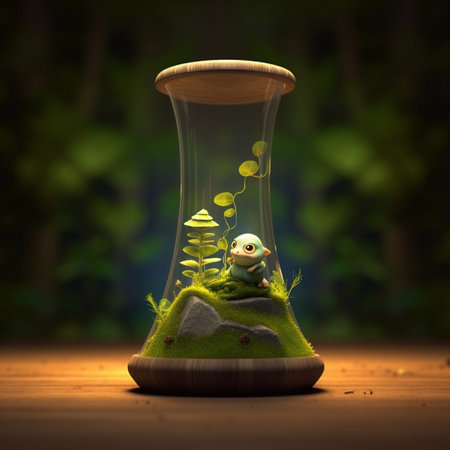 Funny green frog in a hourglass. 3d rendering.の素材