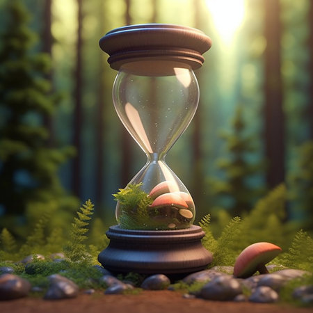 Hourglass in the forest. Time concept. 3D Renderingの素材
