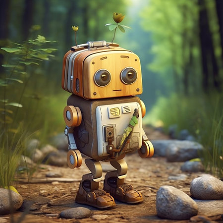 vintage robot in the forest, 3d render, toned imageの素材