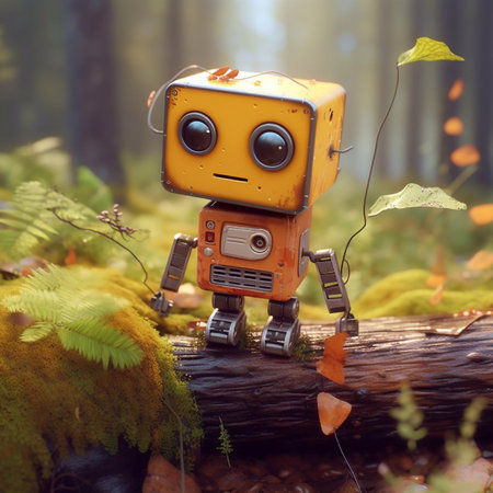 vintage robot in autumn forest. retro style toned picture.の素材