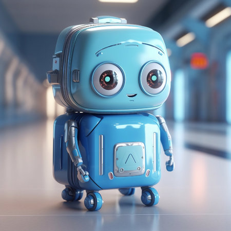 Cute blue robot in the hallway. 3D rendering. Technology concept.の素材