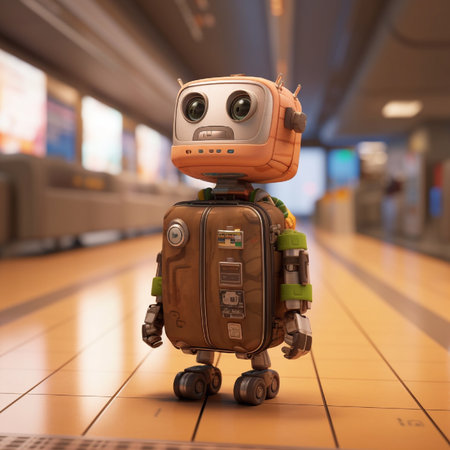 3D rendering of a robot with a suitcase in a train stationの素材