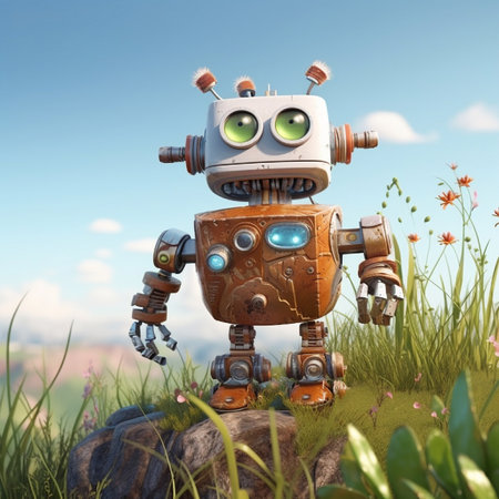 robot on the green meadow. 3d render illustration.の素材