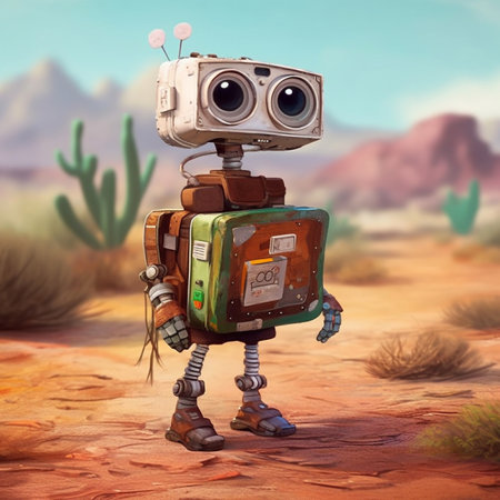 vintage robot in the desert - 3d illustration. retro robotの素材