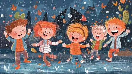 Children playing in the rain. Cartoon vector illustration of happy children playing in the rain.の素材