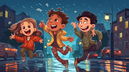 Happy children on the street in rainy day. Cartoon vector illustration.の素材