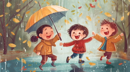 Happy children with an umbrella in the rain. Childrens drawing.の素材
