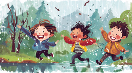 Children playing in the rain in the park. Cartoon vector illustration.の素材