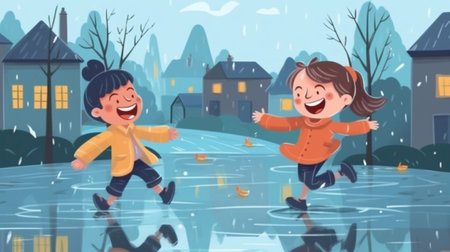 Children playing in the rain. Cartoon vector illustration. Kids having fun on the ice.の素材