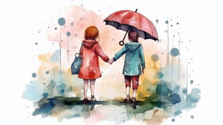 Watercolor illustration of mother and daughter walking in the rain with umbrellaの素材