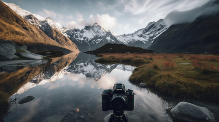 Panoramic view of Himalaya mountains and lake with camera.の素材