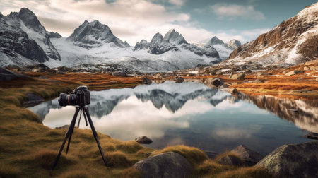 Photographer taking picture of beautiful mountain landscape with lake and snowcapped peaksの素材