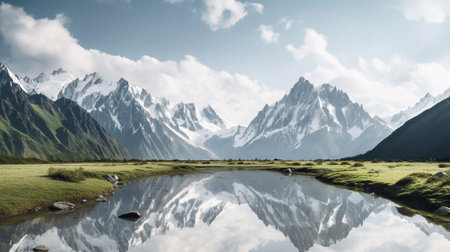 Mountains reflected in a mountain lake. Panoramic view.の素材