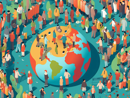 People crowd around the world 3d isometric vector illustration. Crowd of people around the globe.の素材