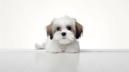 Cute Shih Tzu puppy sitting on a white background.の素材