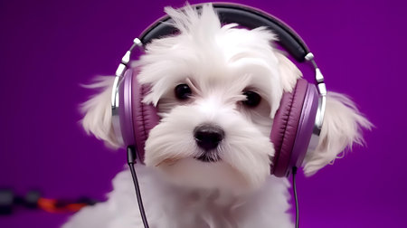 Photo of maltese using headphone  on purple backgroundの素材