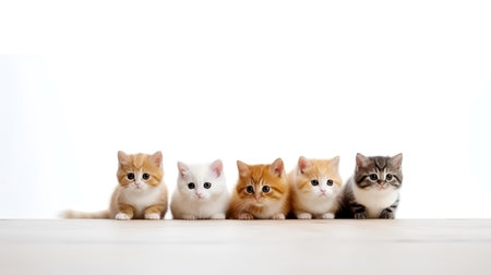 Photo of cute little pets making line  on purple backgroundの素材