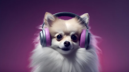 Photo of pomeranian dog using headphone  on purple backgroundの素材